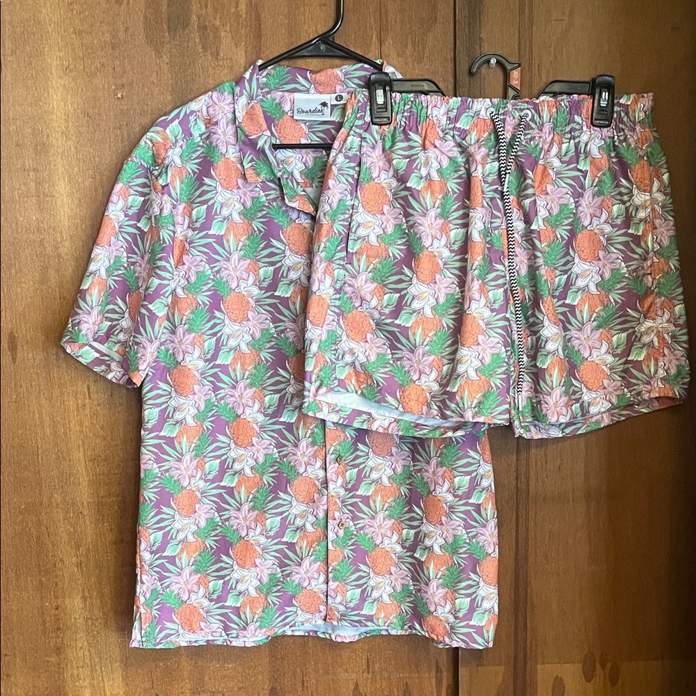 Boardies Pineapple Green and Orange Casual Button Down Shirt Set